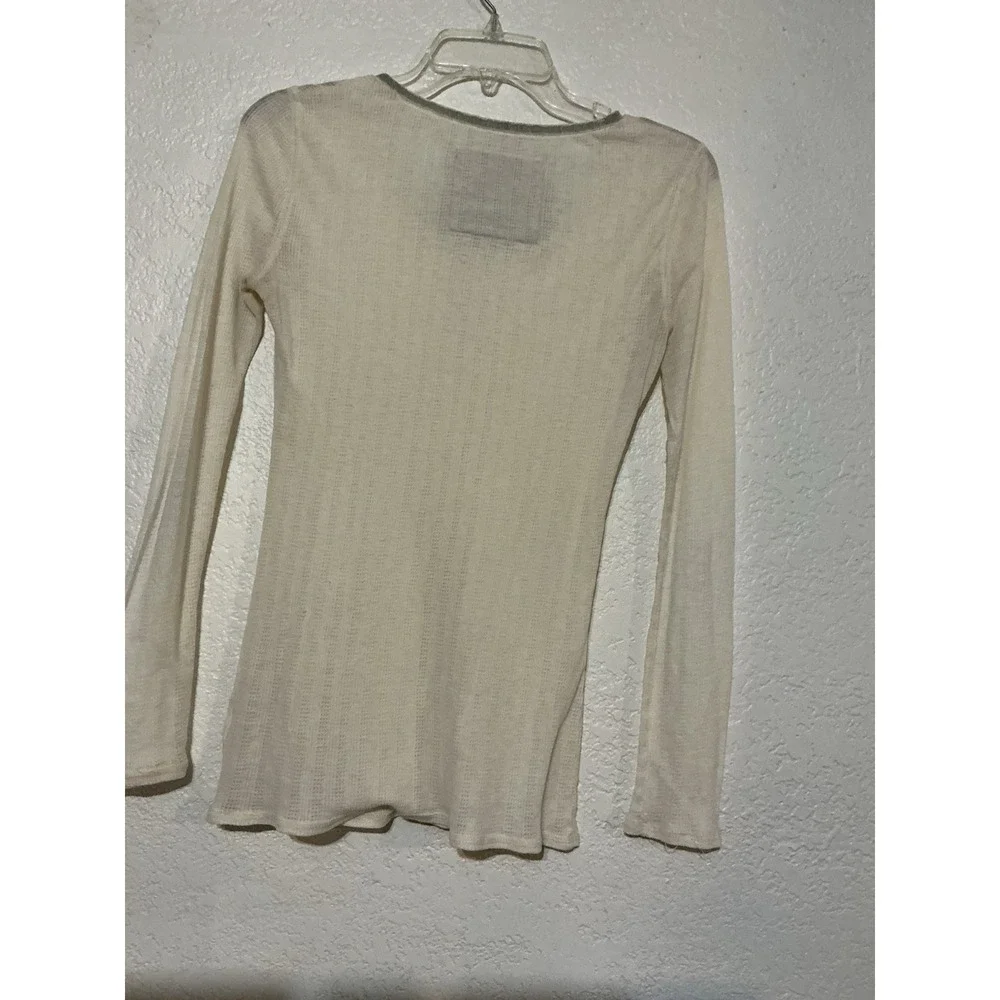 Henley Top Lace Ribbon Ivory Pointelle Ribbed Button Large Women's - Picture 8 of 8